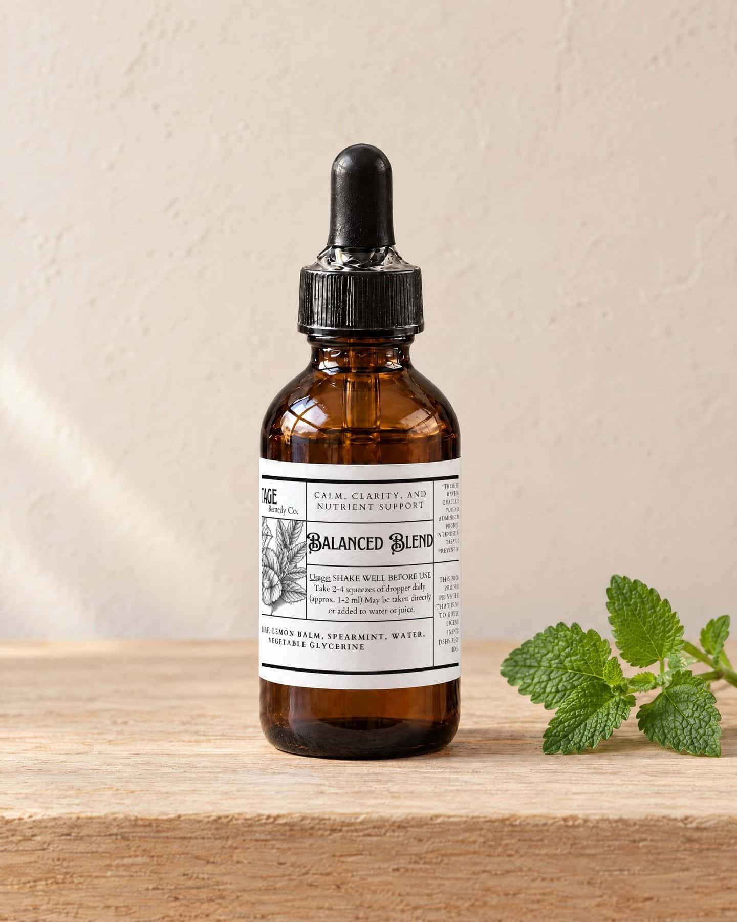 A dropper bottle of Balanced Blend Glycerite on a pale oak shelf, a sprig of fresh lemon balm beside it