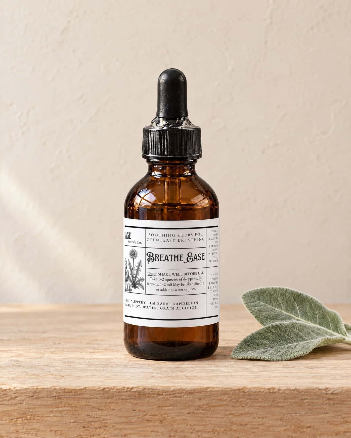 A dropper bottle of BreatheEase Tincture on a pale oak shelf, two soft, fuzzy mullein leaves beside it