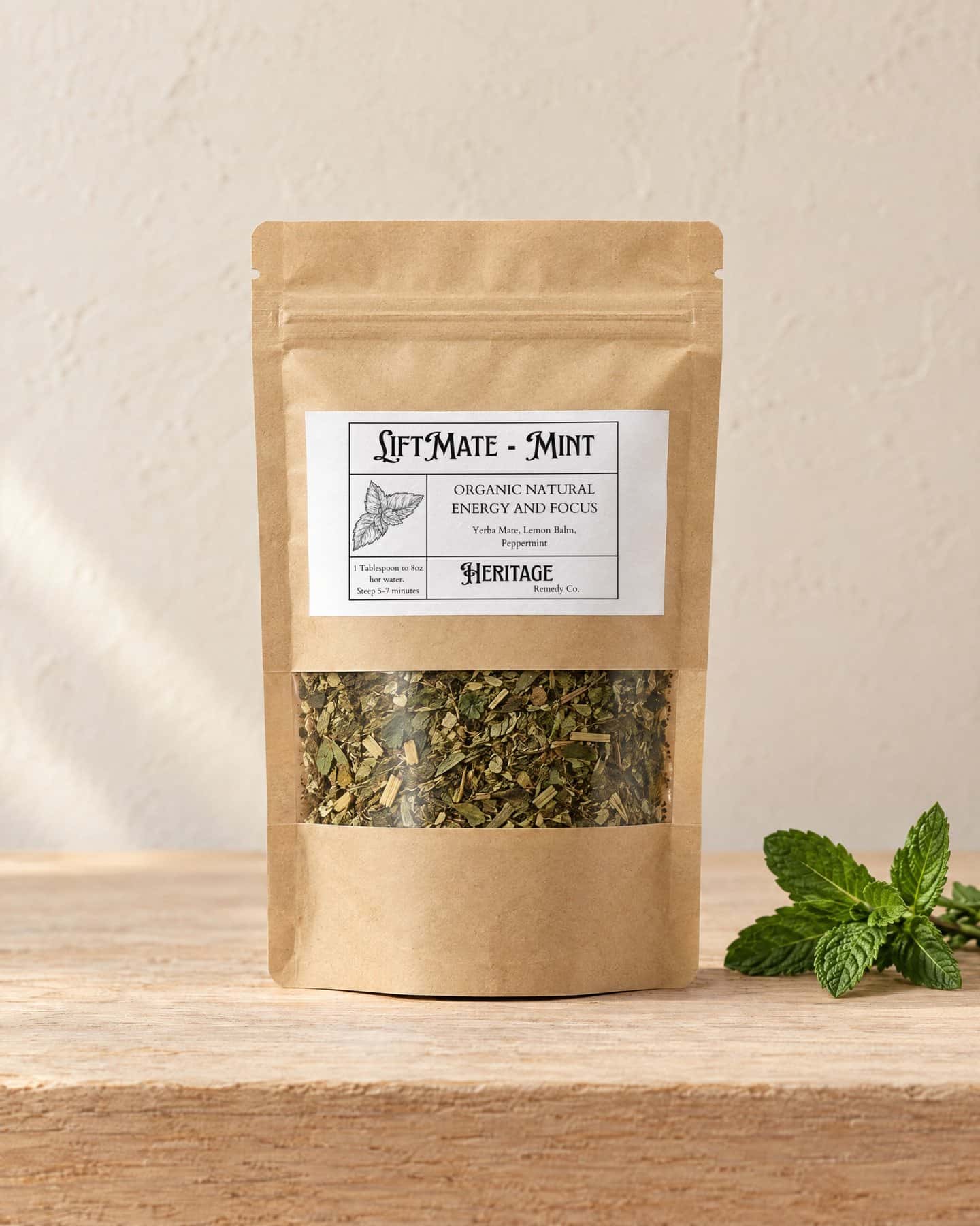 A kraft pouch of LiftMate - Mint with a window onto the loose tea, on a pale oak shelf, a sprig of fresh peppermint beside it