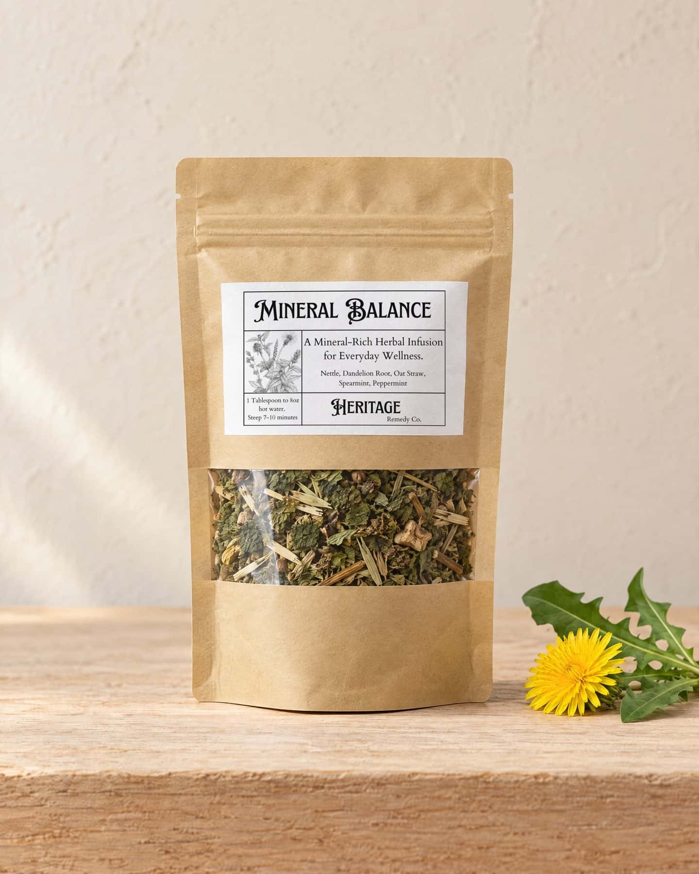 A kraft pouch of Mineral Balance with a window onto the loose tea, on a pale oak shelf, a dandelion flower with two of its leaves beside it