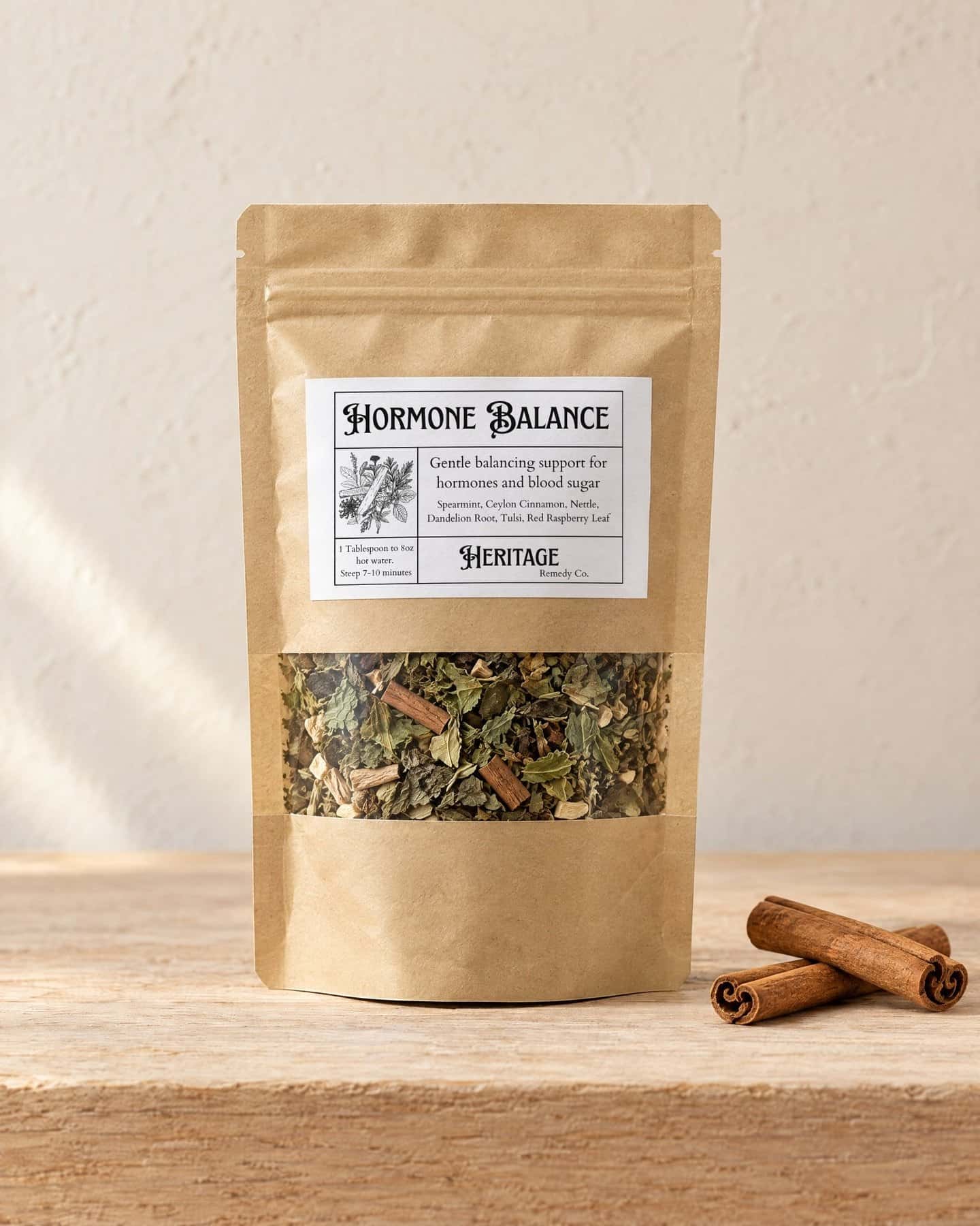 A kraft pouch of Hormone Balance Tea with a window onto the loose tea, on a pale oak shelf, two Ceylon cinnamon quills beside it