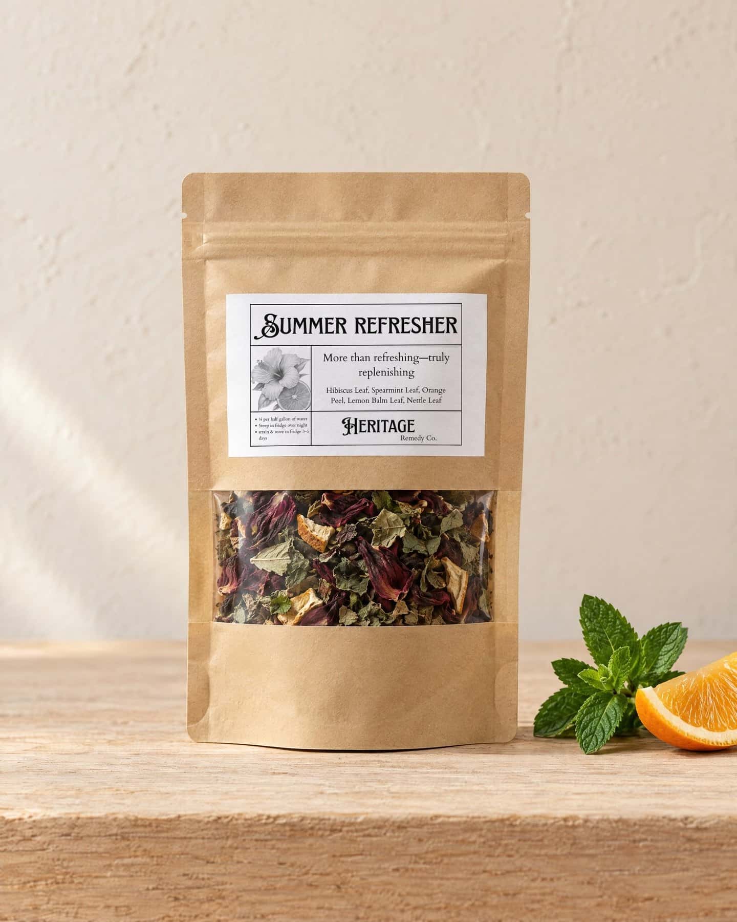 A kraft pouch of Summer Refresher with a window onto the loose tea, on a pale oak shelf, a sprig of fresh spearmint and a slice of orange beside it