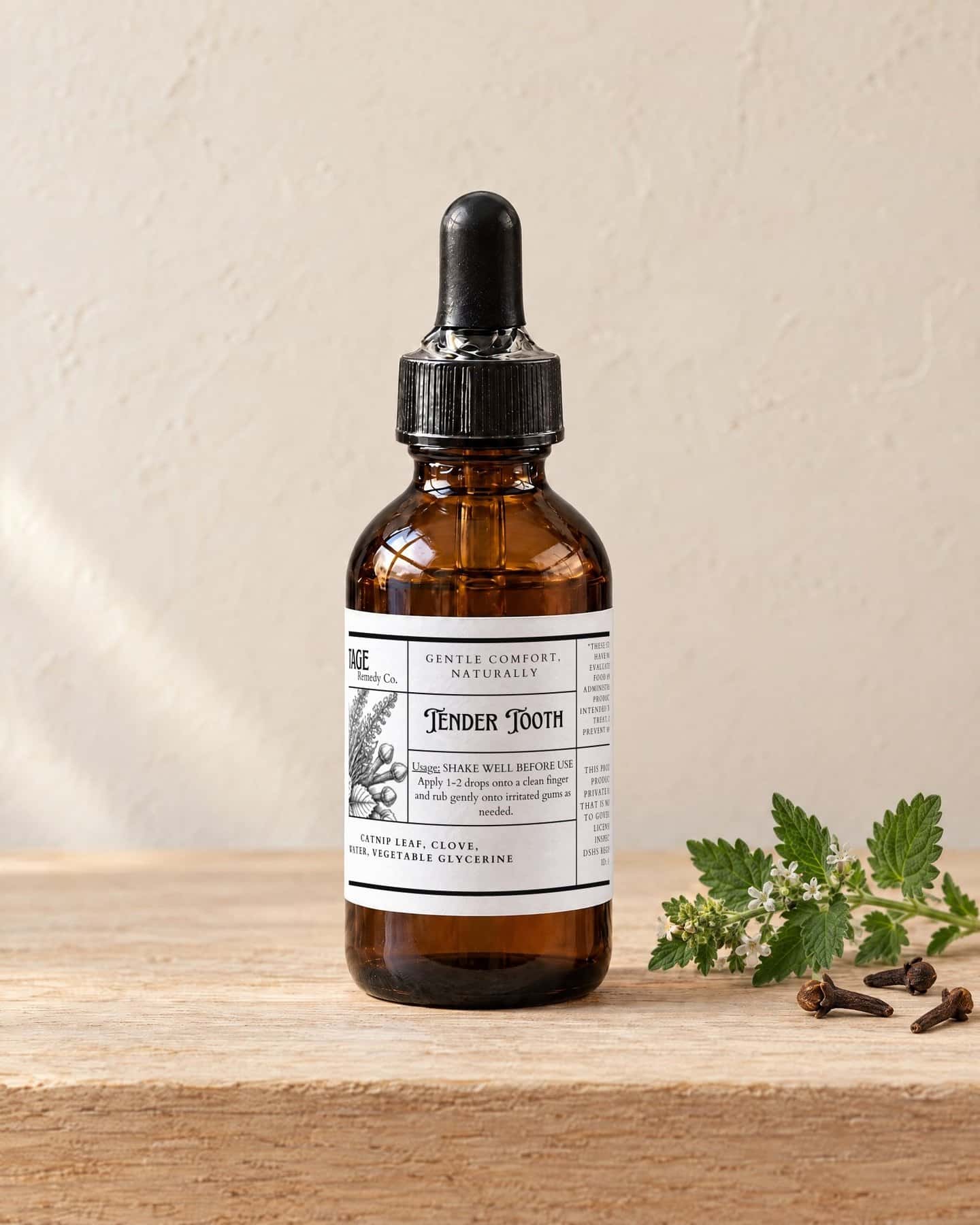 A dropper bottle of Tender Tooth Glycerite on a pale oak shelf, a sprig of fresh catnip and a few whole cloves beside it