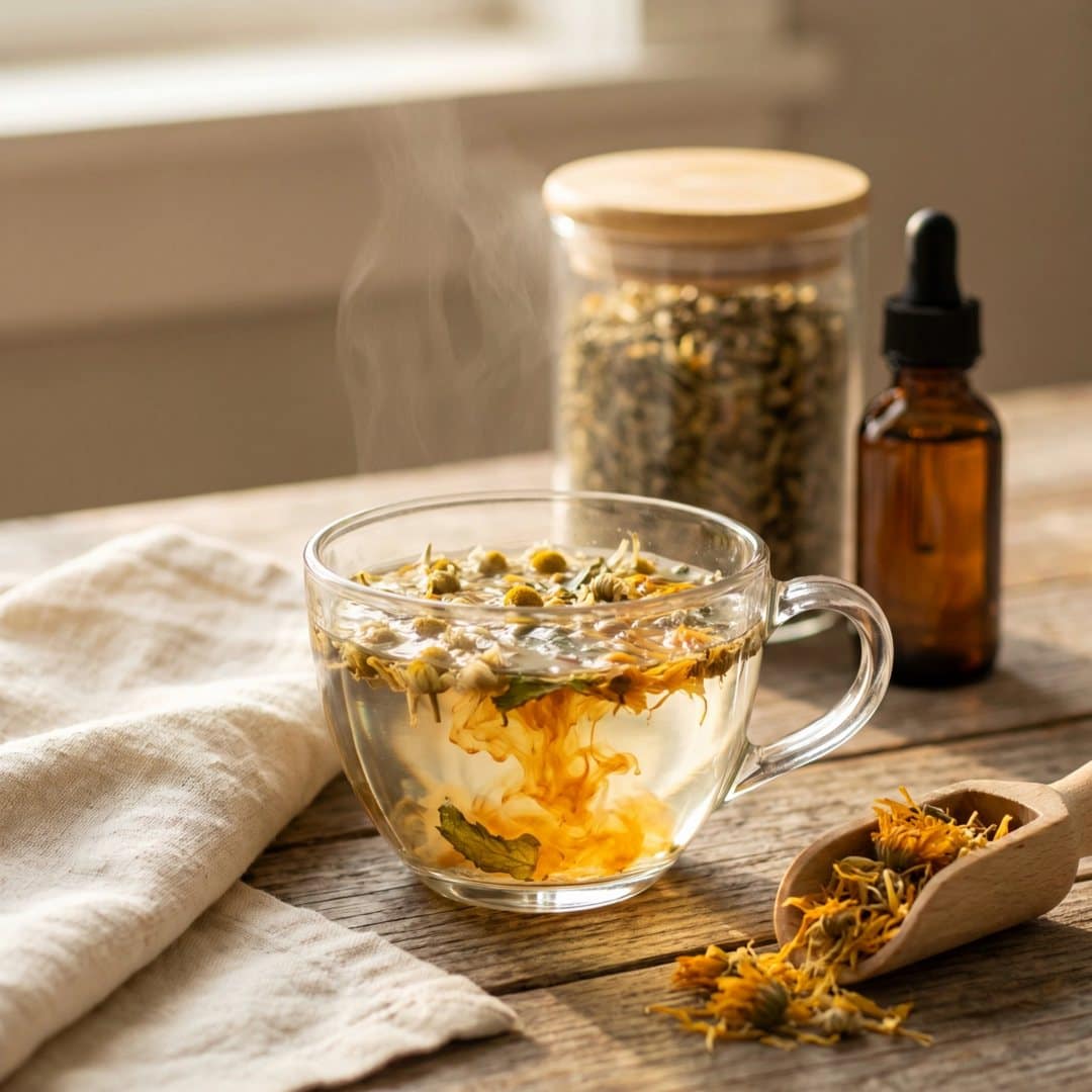 A glass cup of hot water on a farmhouse table with chamomile and calendula steeping in it, amber color unfurling through the water, a jar of loose-leaf tea and an amber dropper bottle behind